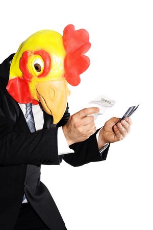 stressed businessman with mask in debt の写真素材