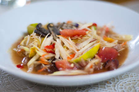 Papaya salad with pickled crab on white dish, Somtum, Thai foodの写真素材