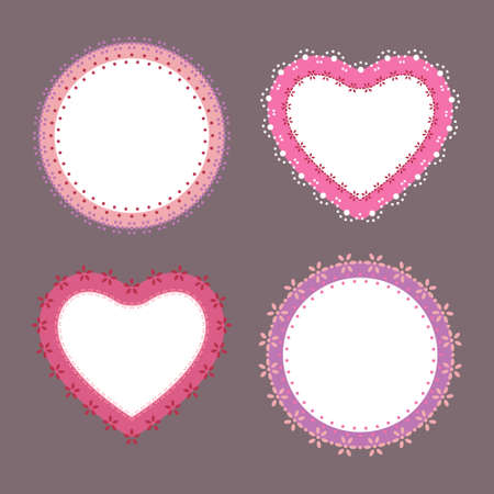 Set of 4 cute lace border heart and round labels, vector illustrationのイラスト素材