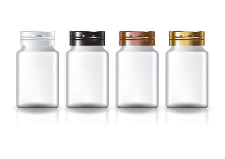 White square supplements, medicine bottle 4 colors cap lid for beauty or healthy product. Isolated on white background with reflection shadow. Ready to use for package design. Vector illustration.のイラスト素材