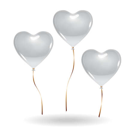 3 heart shaped silver gray color balloons. Isolated on white background with shadow mockup template object. Ready to use for your design or business. Vector illustration.のイラスト素材