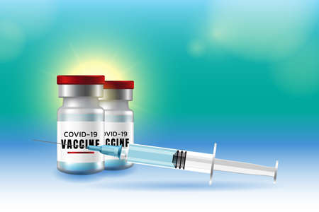 Coronavirus vaccination banner with copy space background. Covid-19 corona virus vaccine vials red caps and blue syringe injection mockup template. Ready to use for your design. Vector Illustration.のイラスト素材