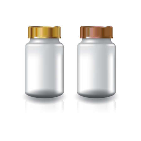 White round supplements, medicine bottle with 2 colors gold-copper groove lid for beauty or healthy product. Isolated on white background with reflection shadow. Ready to use for package design. Vector illustration.のイラスト素材