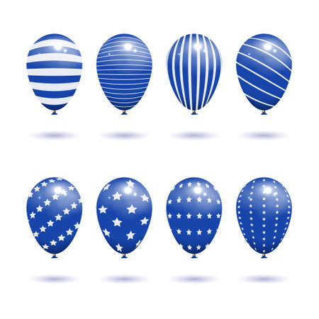 Balloons in blue and white colour with line and star symbols pattern. Isolated on white background, mockup template object. Realistic 3D vector illustration.のイラスト素材