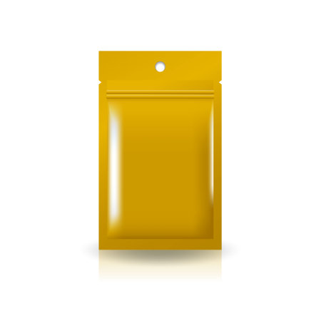 Gold yellow foil, plastic, paper flat zip bag with round hang hole for food, healthy, beauty product. Isolated on white background with shadow. Ready to use for package design. Realistic vector illustration.のイラスト素材