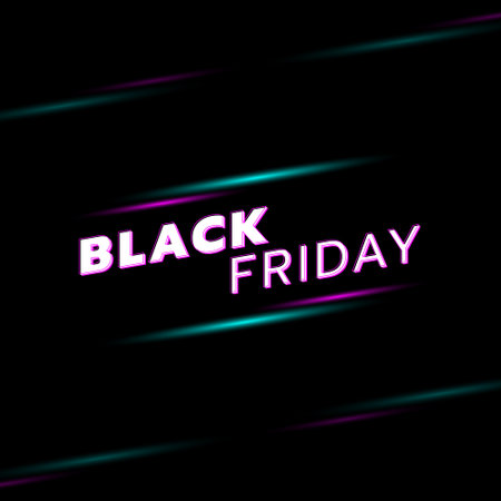 Black Friday sale banner template with green and violet neon light on dark background. White and violet text lettering. Vector illustration.のイラスト素材