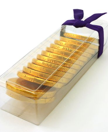 Gift pack of chocolate gold coins, angled portrait viewの写真素材