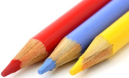 Pencil crayons, red, blue yellow primary colors angledの写真素材