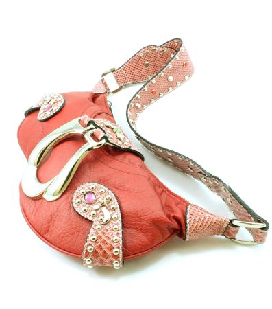 Red stylish purse, isolated on white backgroundの写真素材