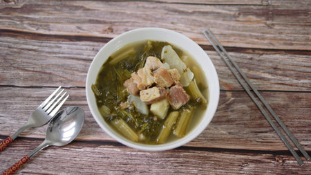 Chinese vegetables stew, mixture of white radish, Cantonese vegetable and pork belly, traditional Chinese foodの写真素材