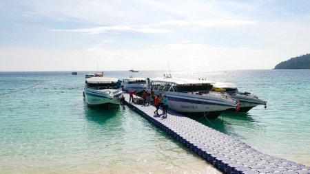 LIPE Island, Satun - November-9-2020 :  speed boats parking after sending tourist at LIPE Island, Satun, Thailandのeditorial素材
