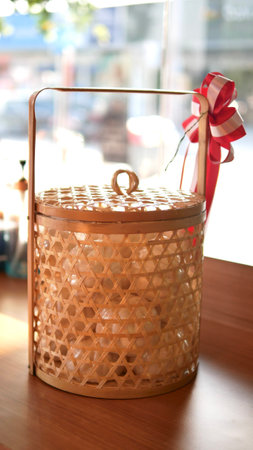 Gift basket filled with homemade Chinese bunsの写真素材