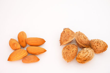 Almond nut in shell and shelled isolated on white background