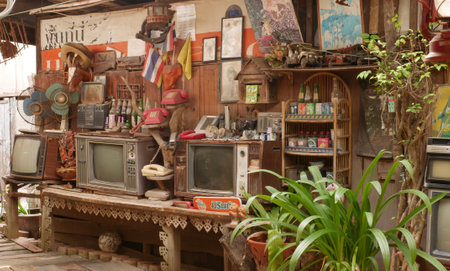 anuary-26-2020 : Bangkok, Thailand : various antique and old stuffs in an antique shop in Koh ket, Nonthaburi, Thailandのeditorial素材