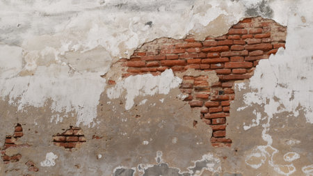 Vintage old brick wall, destroyed concrete and crack brick wall, grunge background textureの写真素材