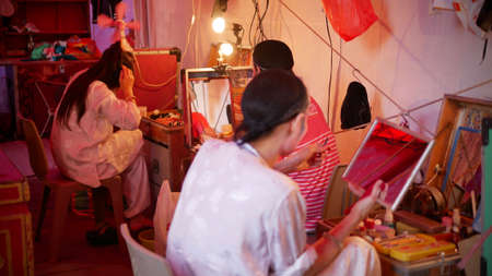 February 15 2021 : Bangkok, Thailand : Chinese opera performer in  makeup  at backstage at Lhong 1919, Bangkok, Thailandのeditorial素材