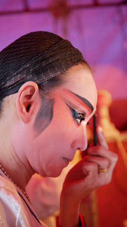 February 15 2021 : Bangkok, Thailand : Chinese opera performer in  makeup  at backstage at Lhong 1919, Bangkok, Thailandのeditorial素材