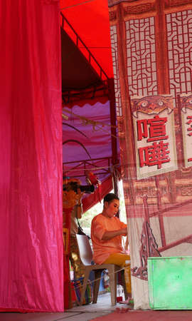 February 15 2021 : Bangkok, Thailand : Chinese opera performer in  makeup  at backstage at Lhong 1919, Bangkok, Thailandのeditorial素材