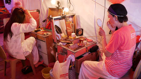 February 15 2021 : Bangkok, Thailand : Chinese opera performer in  makeup  at backstage at Lhong 1919, Bangkok, Thailandのeditorial素材