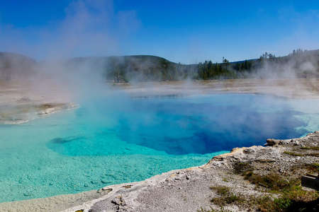 Hot spring thermal pool in the upper geyser basin Yellowstone National Park, Wyoming, United Statesの写真素材