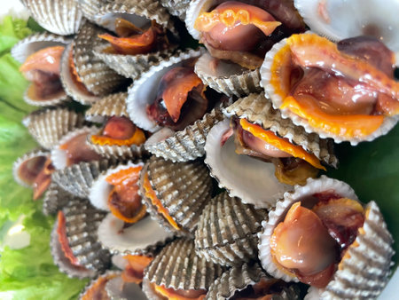 Close up fresh steamed cockle (boiledâ€‹ cocklesâ€‹ shell).