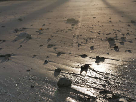 Blurred background of sunlight reflecting on sandy beach, shoreline abstract background.の写真素材