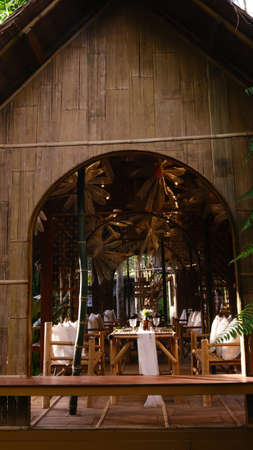 Countryside private dinning room  with beautiful decorative on the wooden table.の写真素材