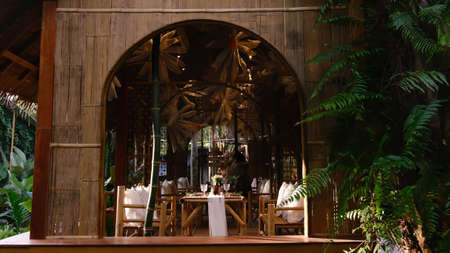 Countryside private dinning room  with beautiful decorative on the wooden table.の写真素材