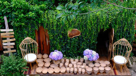 Sitting corner flower garden with rattan chairs and wooden doors in the green ivy wall, garden landscape concept.の写真素材