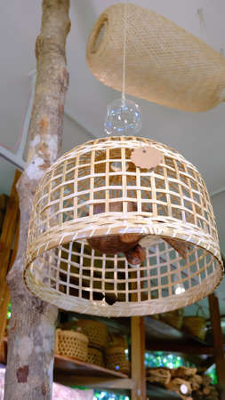 Weave ceiling lamp for decoration home,  lamp design bamboo basket on the ceiling.の写真素材