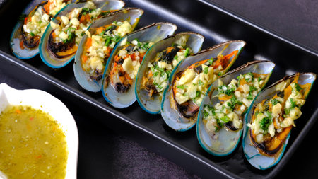 Baked mussels topping with garlic butter sauce and spicy chilli sauce on the side.の写真素材