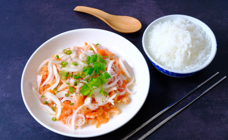 Dried Shrimp Salad with a spicy flavour, Thai breakfast good with plain congee.の写真素材