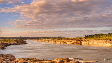 "Sam Pun Bok" Three thousand waving the rocks beneath the Mekong river. Natural sandstone group Eroded through time for thousands of years. Thailand grand canyon in Ubon Ratchathani.の写真素材