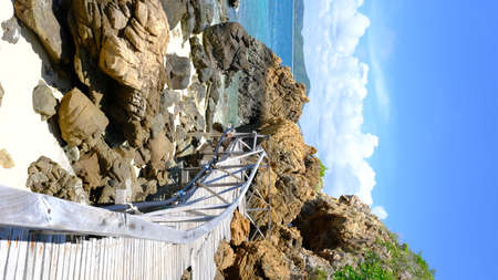 Walking way of wooden bridge along the shore at koh kham island sattahip, chonburi, thailand.の写真素材