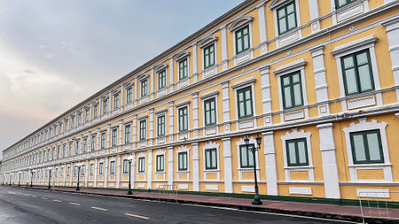Bangkok, Thailand - November 2022 : Stunning view of road and beautiful architecture of The Ministry of Defence Headquarters in Thailand.のeditorial素材