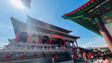 January 22 2023 - Nonthaburi, Thailand : Wat Boromracha Kanchanapisek Anusorn (or Wat Leng Noei Yi 2) a Thai Chinese temple in Nonthaburi province, Thailandのeditorial素材