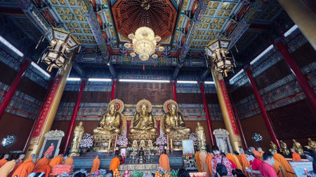 January 22 2023 - Nonthaburi, Thailand : Wat Boromracha Kanchanapisek Anusorn (or Wat Leng Noei Yi 2) a Thai Chinese temple in Nonthaburi province, Thailandのeditorial素材