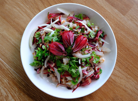 Top view fresh roselle salad on white plate, healthy food.の写真素材