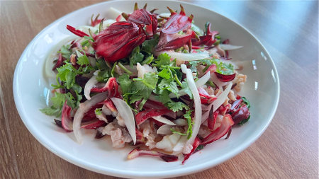 Top view fresh roselle salad on white plate, heathy food.の写真素材