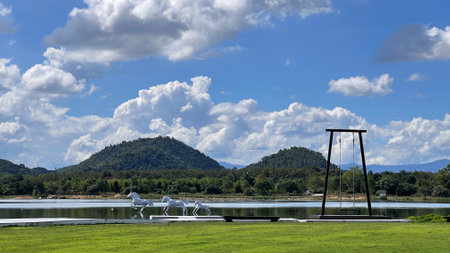 Panoramic view of lake and mountain at Ang Kep Nam Chat Pa Wai, Suan Phueng, Ratchaburi, Thailand.の写真素材