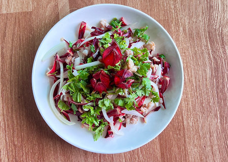 Top view fresh roselle salad on white plate, heathy food.の写真素材
