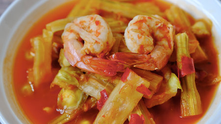 <p>Top view Thai Moringa curry with shrimp, hot and sour flavour.(Kaeng som marum)</p>の写真素材