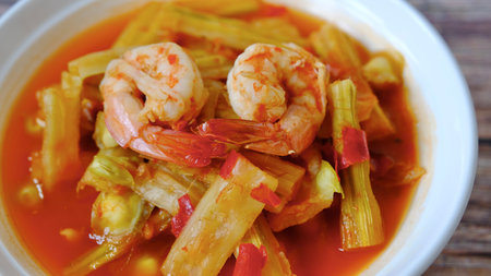 <p>Top view Thai Moringa curry with shrimp, hot and sour flavour.(Kaeng som marum)</p>の写真素材
