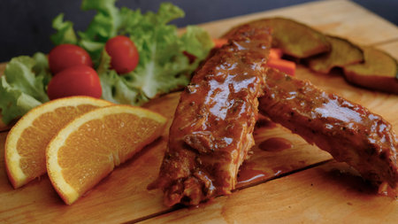 Selective focus grill pork ribs on wooden board.の写真素材