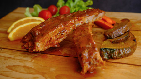 Selective focus grill pork ribs on wooden board.の写真素材