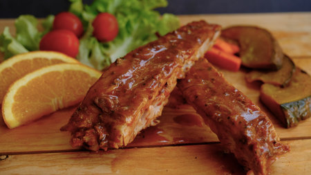 Selective focus grill pork ribs on wooden board.の写真素材