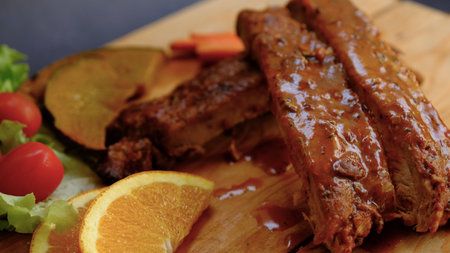 Selective focus grill pork ribs on wooden board.の写真素材