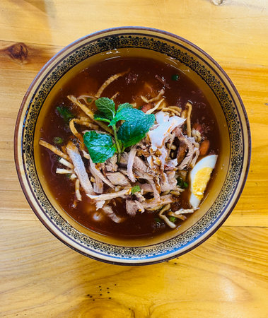 Vietnamese pho bo with pork and egg in gravy soup.の写真素材