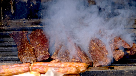 Grilled buffalo meat on a charcoal stove in Vietnam.の写真素材