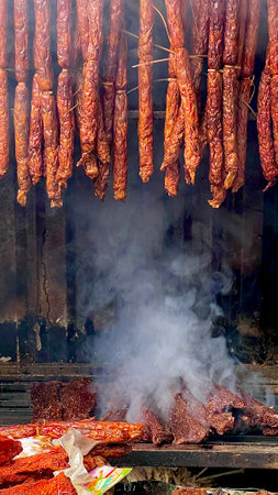 Grilled buffalo meat on a charcoal stove in Vietnam.の写真素材